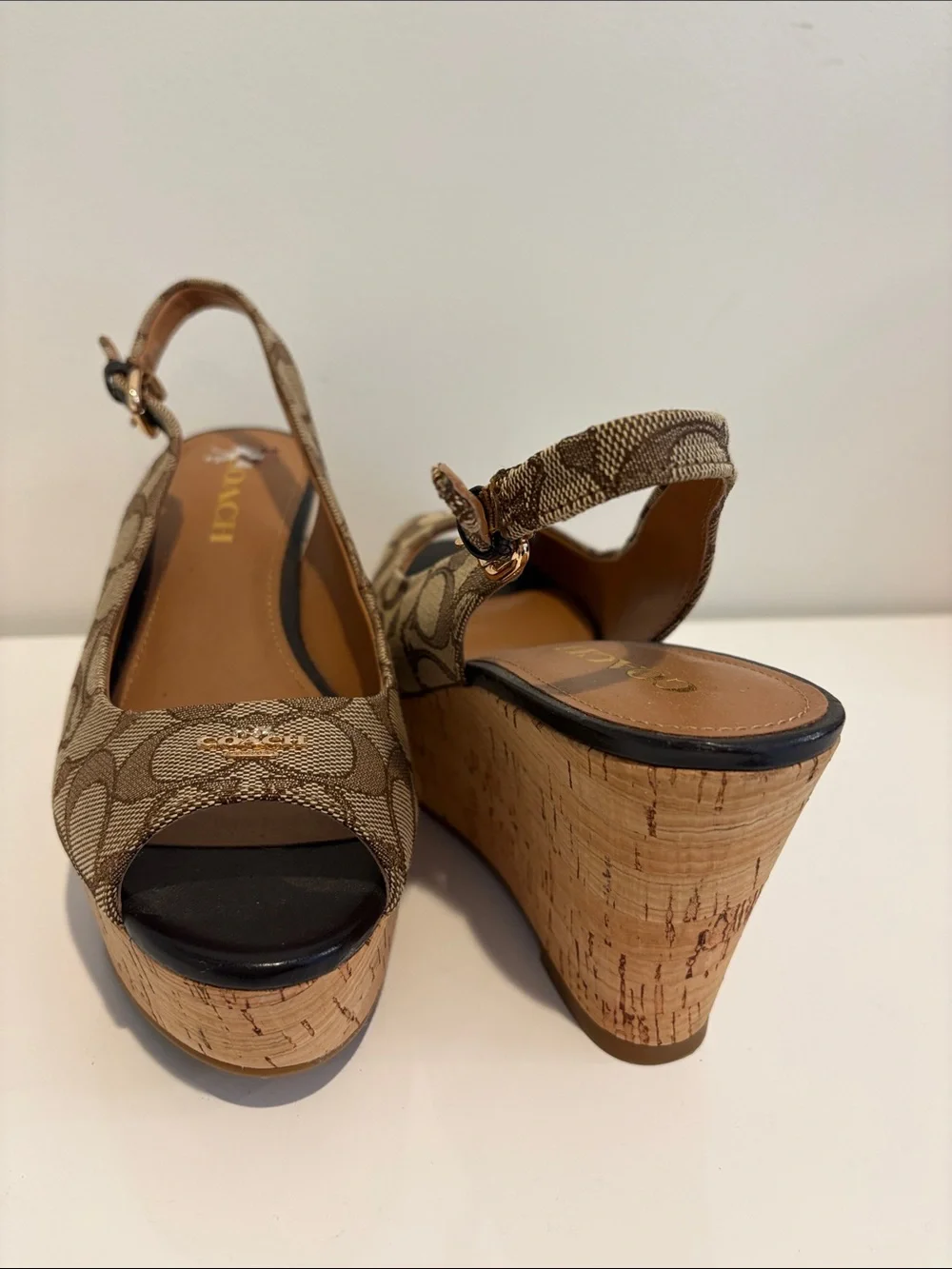 Coach Signature Canvas Cork Platform Wedges in Brown